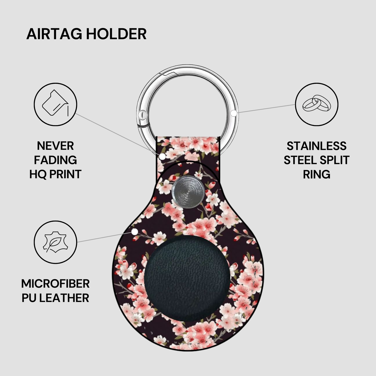 Floral-patterned Airtag holder with keychain on a gray background | Casenari