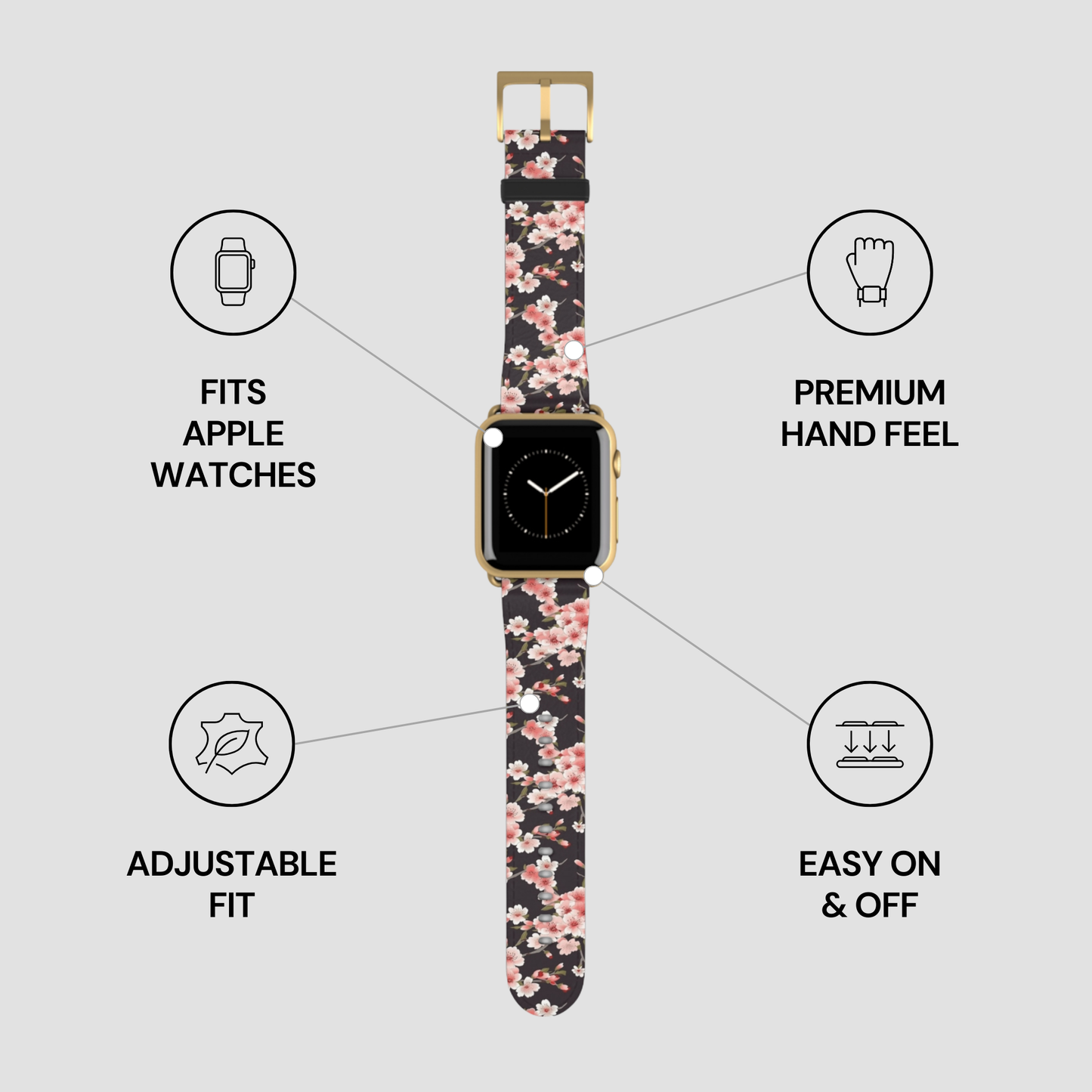 Smartwatch with a floral patterned band on a light gray background with feature icons. | Casenari