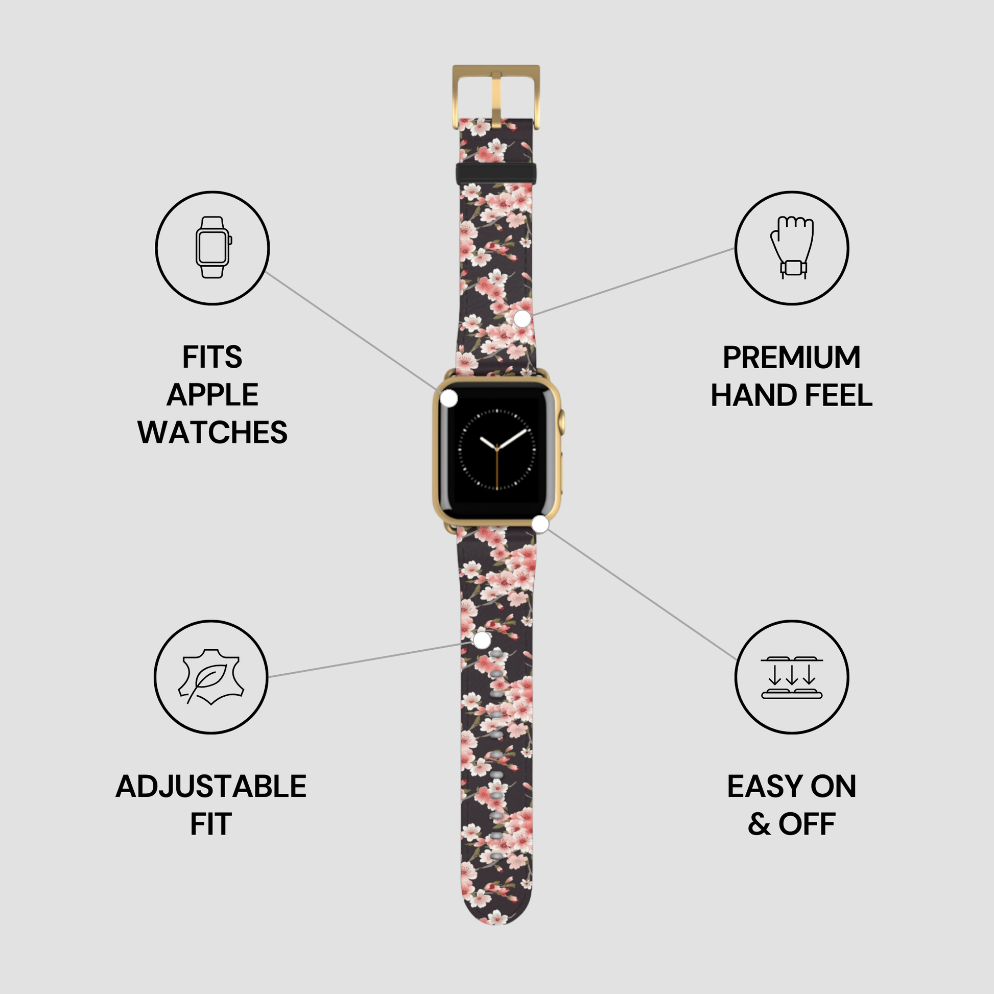 Smartwatch with a floral patterned band on a light gray background with feature icons. | Casenari