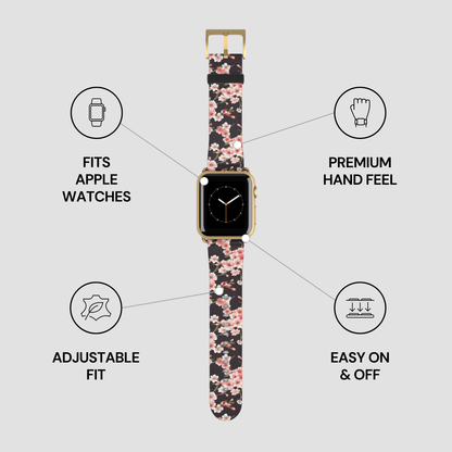 Smartwatch with a floral patterned band on a light gray background with feature icons. | Casenari