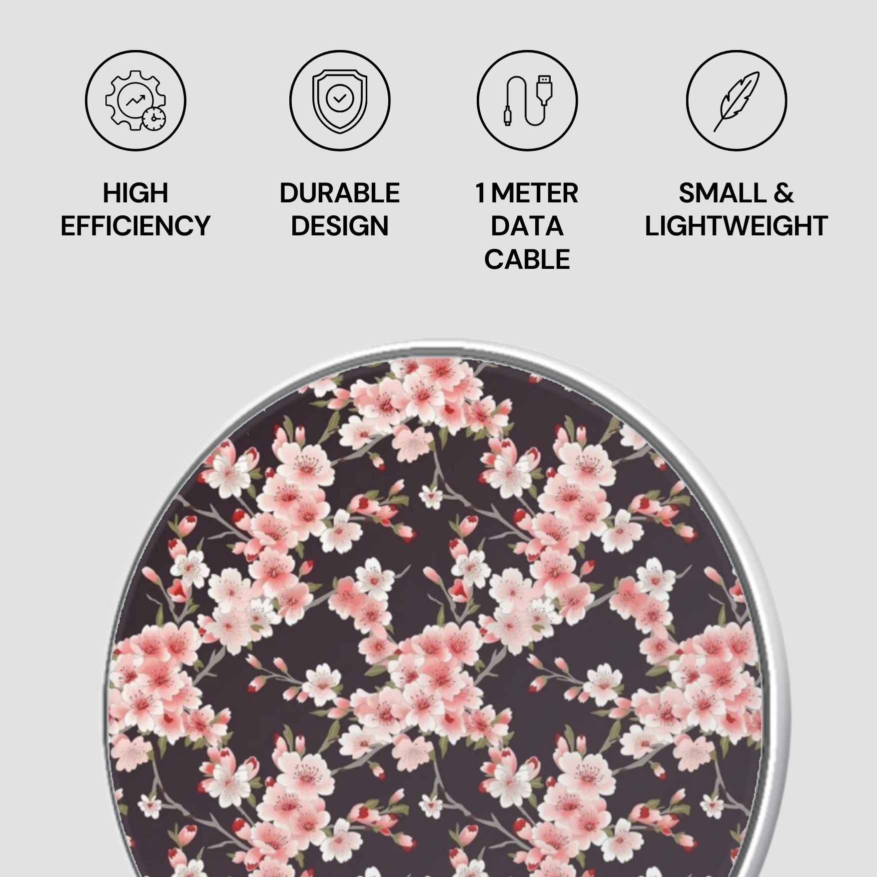 Floral patterned product with icons and text on a light gray background | Casenari