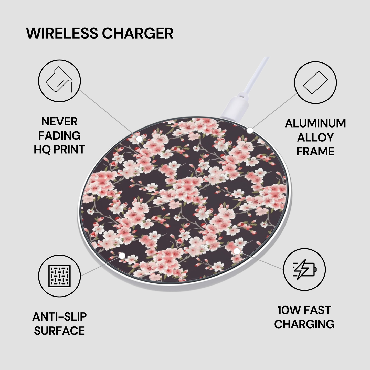 Wireless charger with floral design on a gray background | Casenari