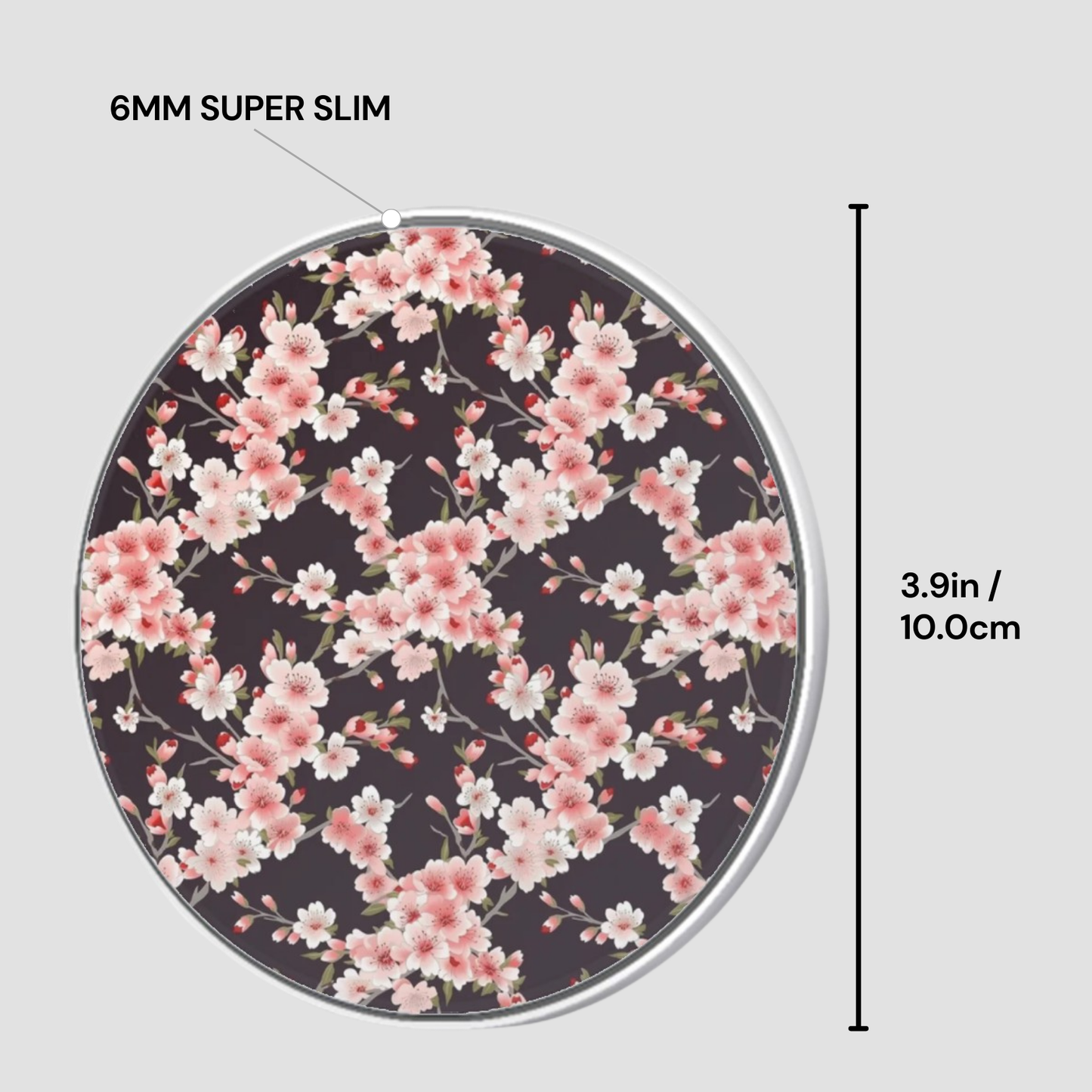 Circular product with floral design and dimensions labeled on a gray background | Casenari