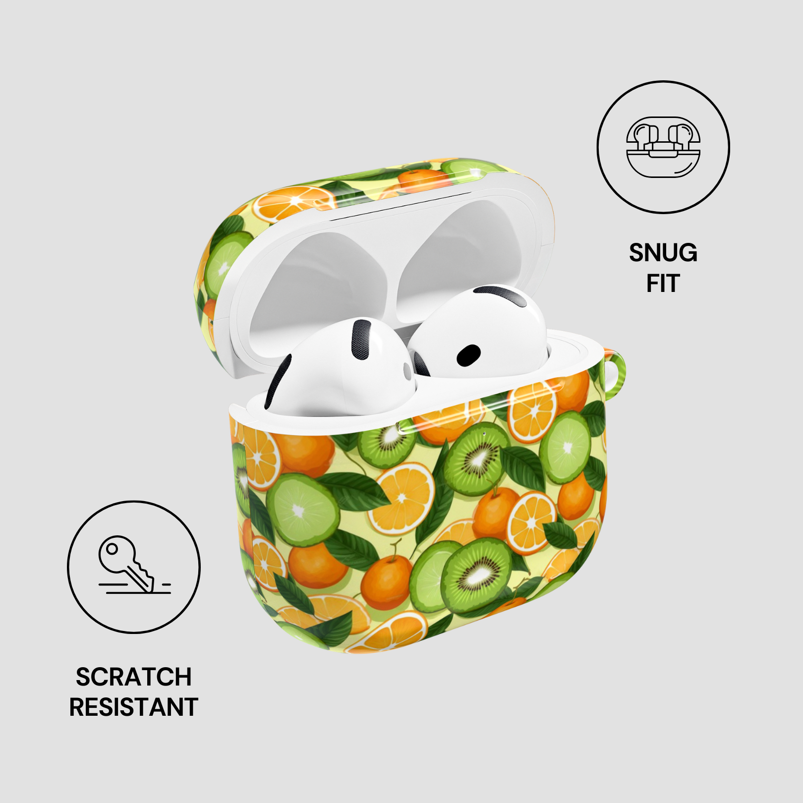 Wireless earbuds in a colorful fruit-patterned case on a light gray background