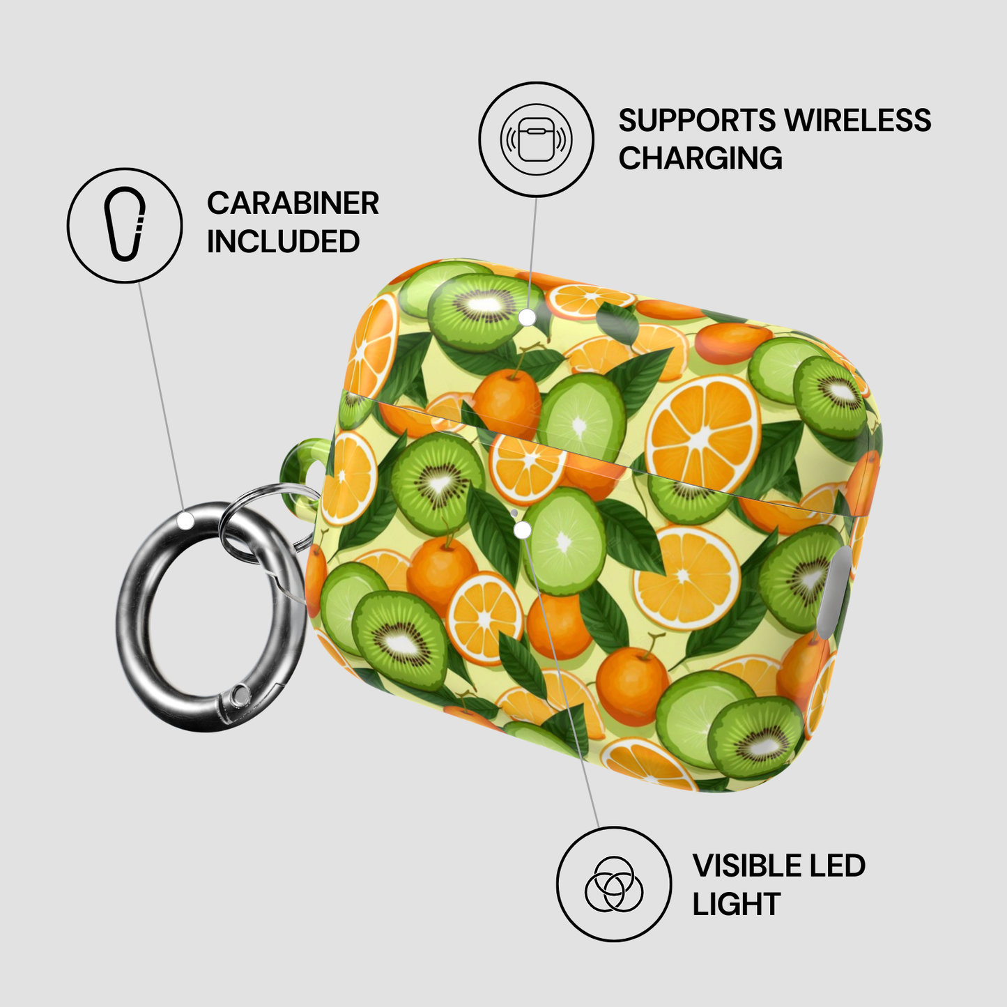 Fruit-patterned case with carabiner, wireless charging support, and LED light feature on a gray background.