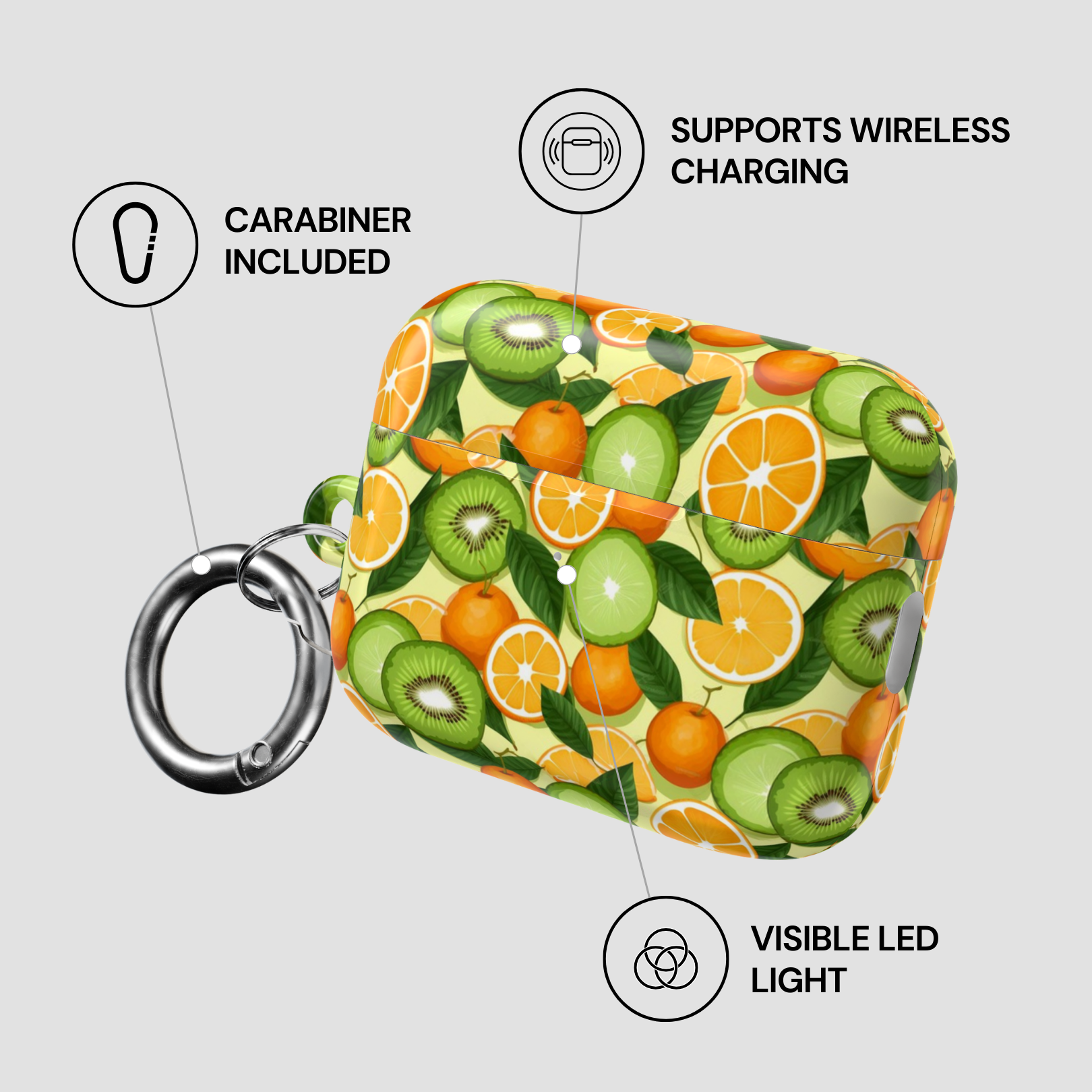 Fruit-patterned case with carabiner, wireless charging support, and LED light feature on a gray background.