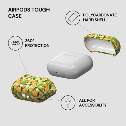 AirPods tough case with features highlighted on a gray background