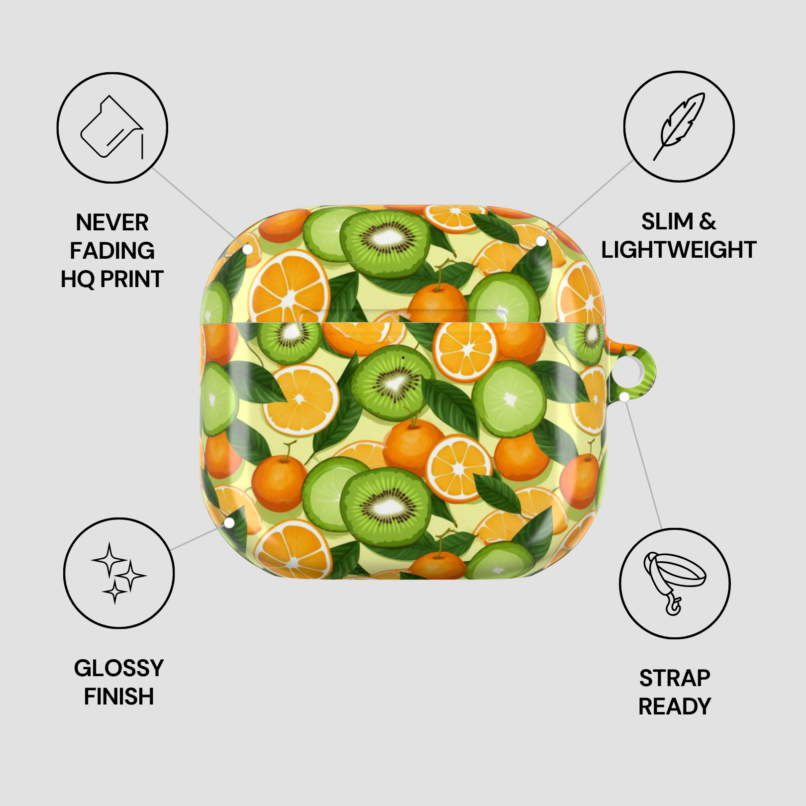 Fruit patterned product with feature icons on a light gray background