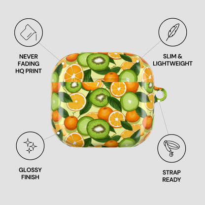Fruit patterned product with feature icons on a light gray background