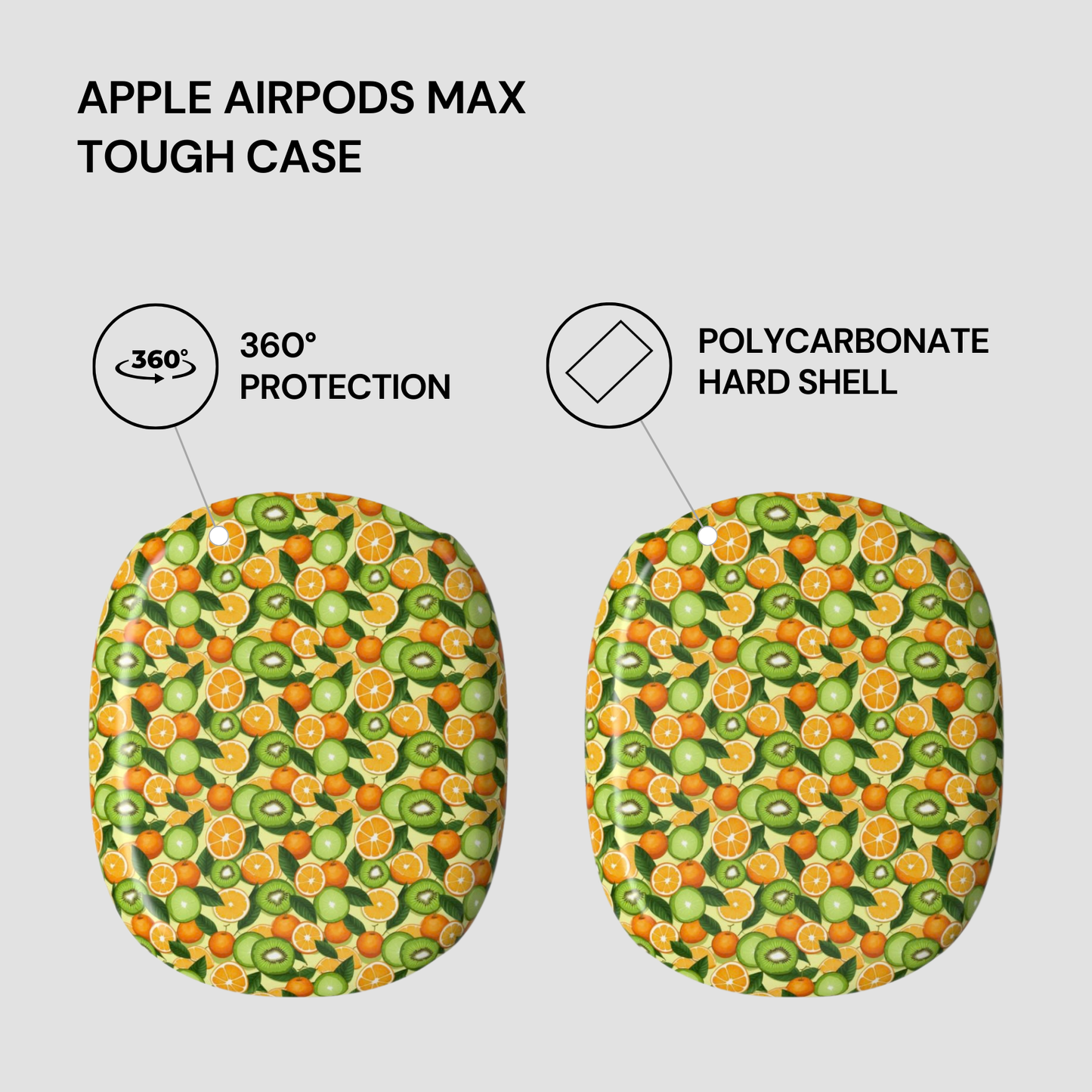 Apple AirPods Max tough case with fruit pattern on a light gray background