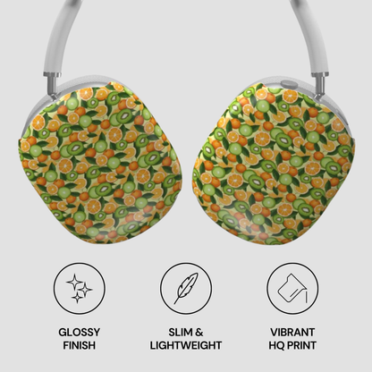 Headphones with a fruit pattern on a light gray background