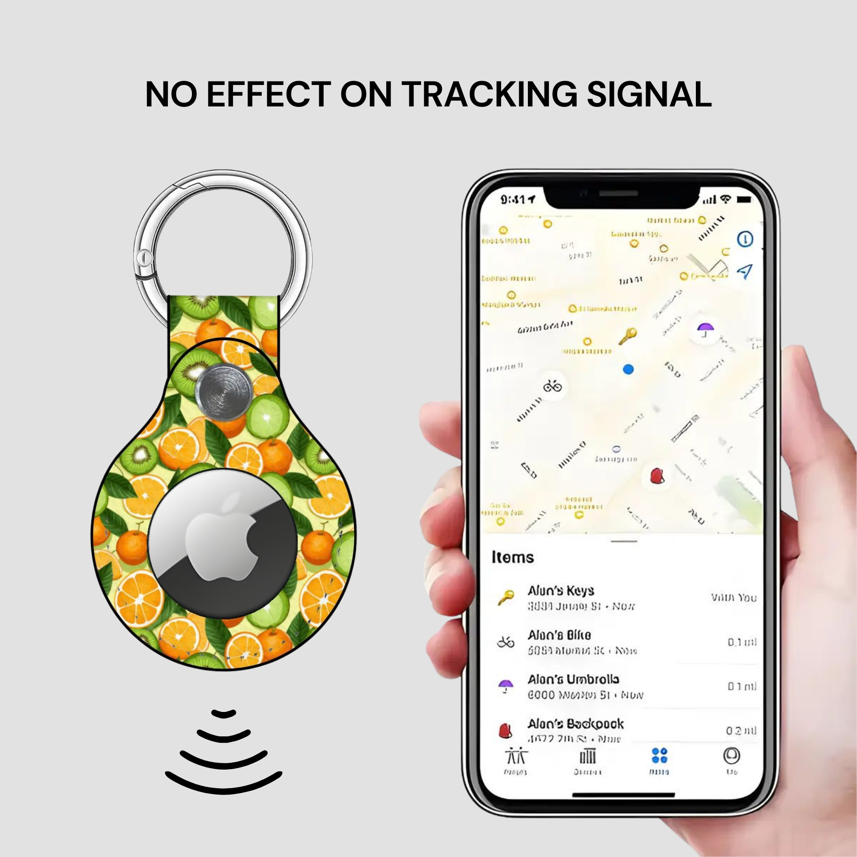 Smart keychain with fruit pattern and phone displaying location app on a gray background