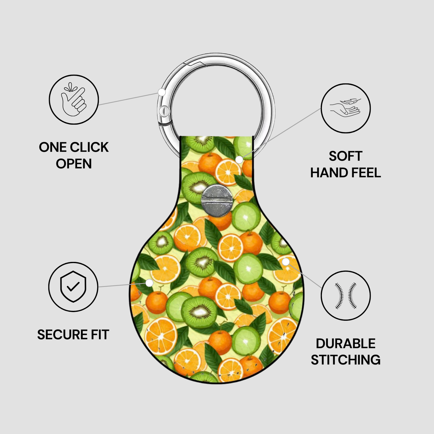 Keychain with fruit pattern and features listed on a gray background