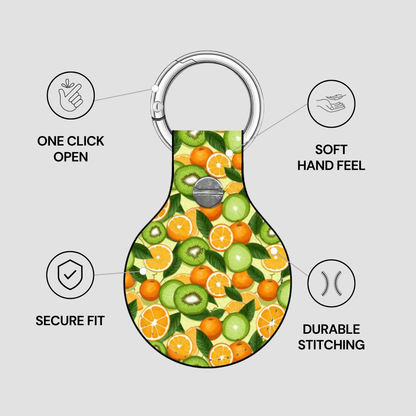 Keychain with fruit pattern and features listed on a gray background