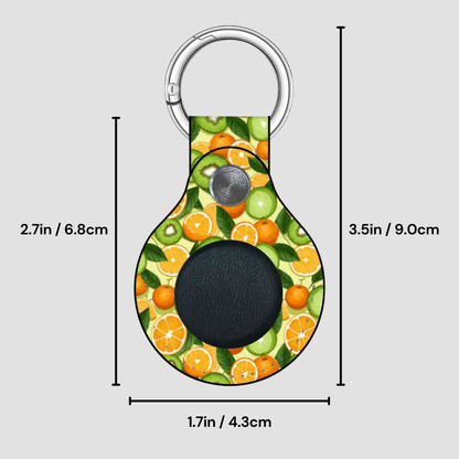 Keychain with fruit pattern and measurements on a gray background