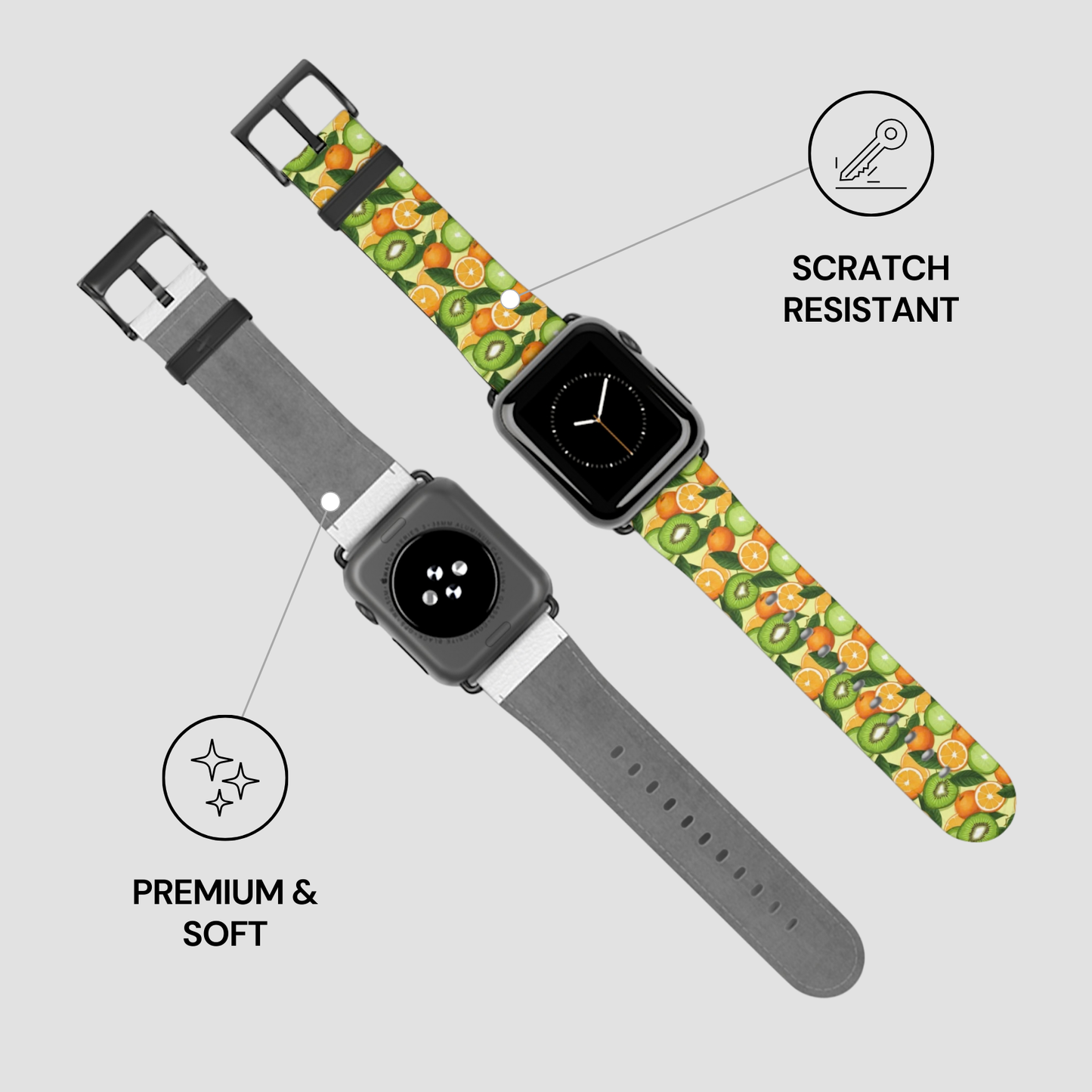 Smartwatch with a colorful fruit patterned band on a light gray background