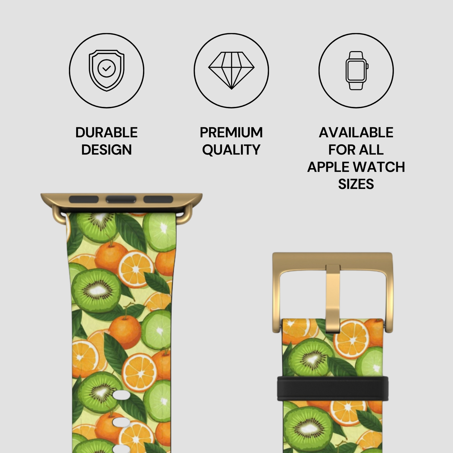 Watch band with fruit pattern and product features on a light gray background