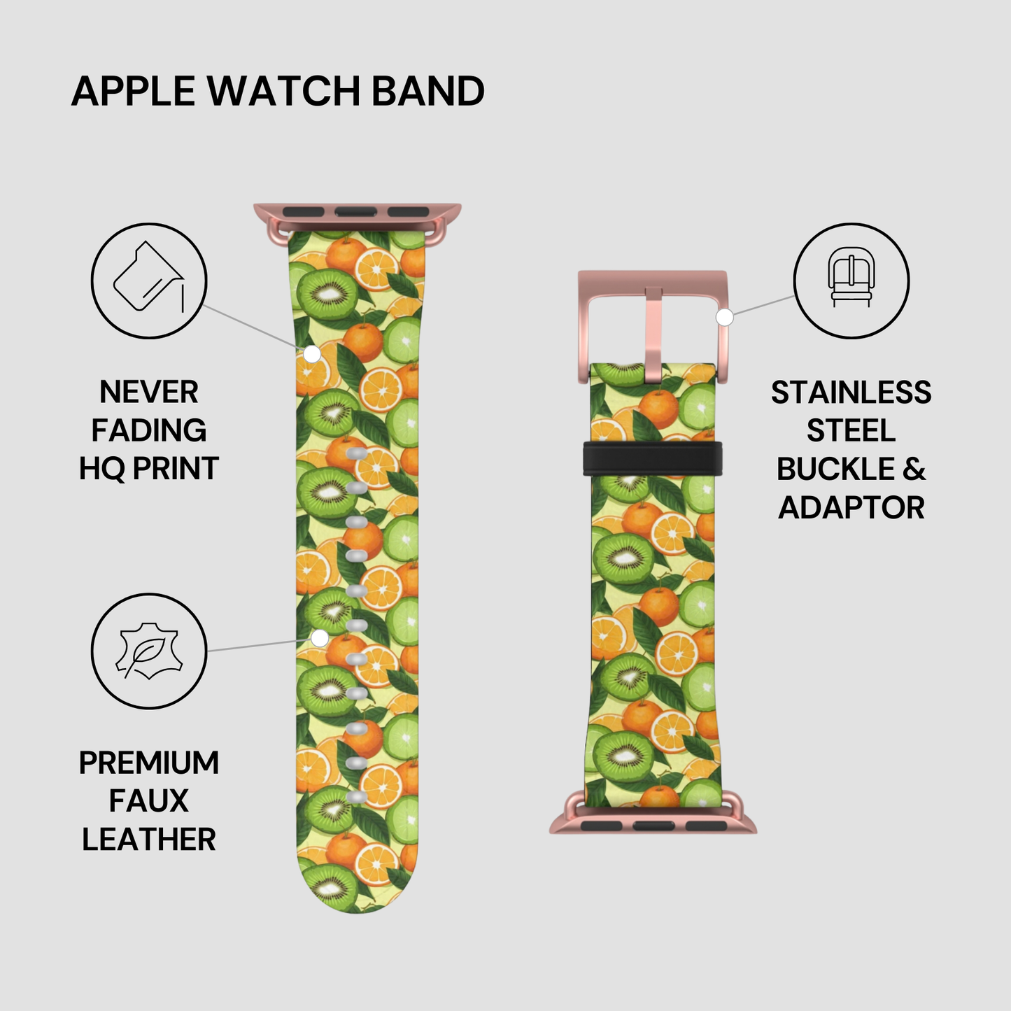 Apple watch band with fruit pattern on a gray background
