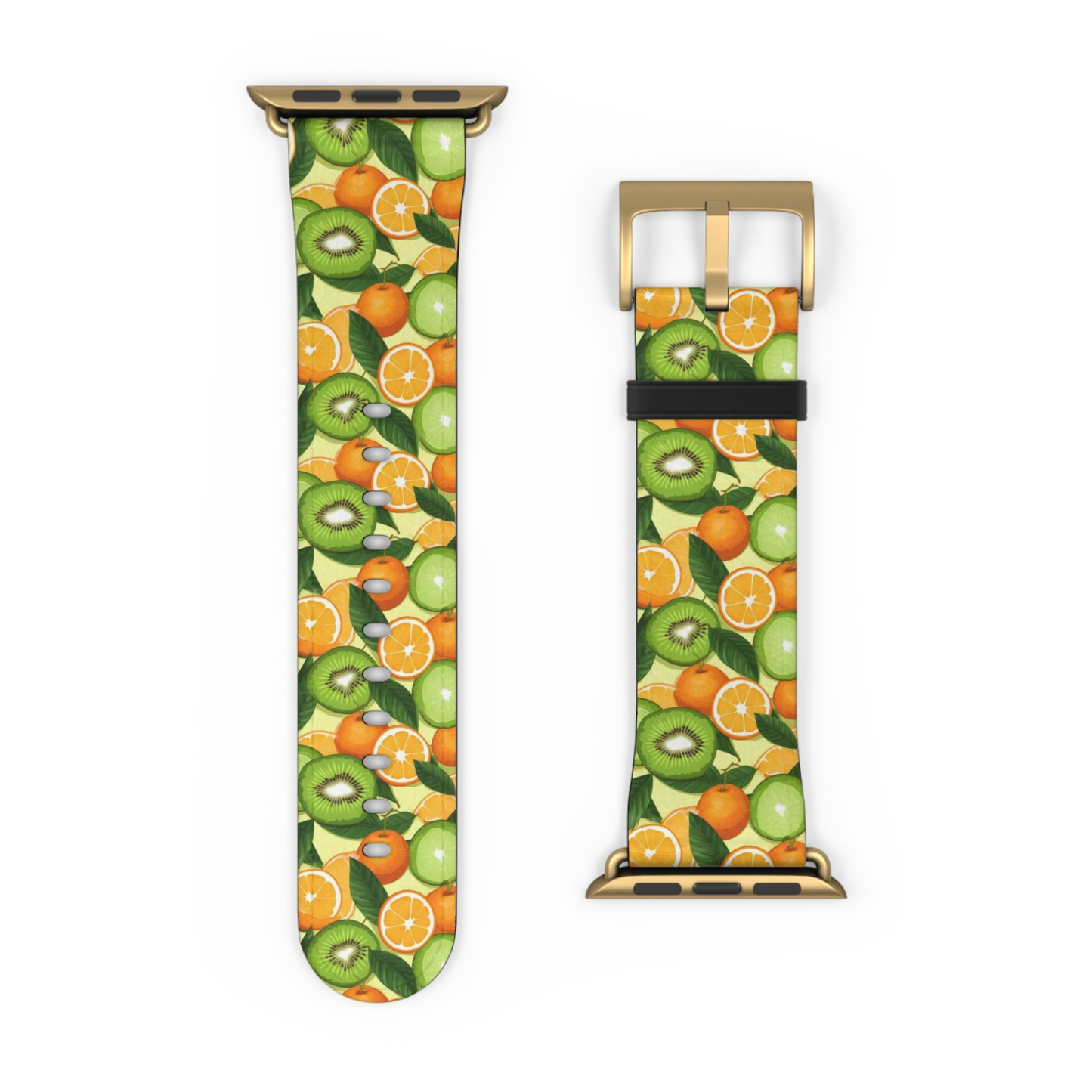 Watch band with kiwi and orange pattern on a white background