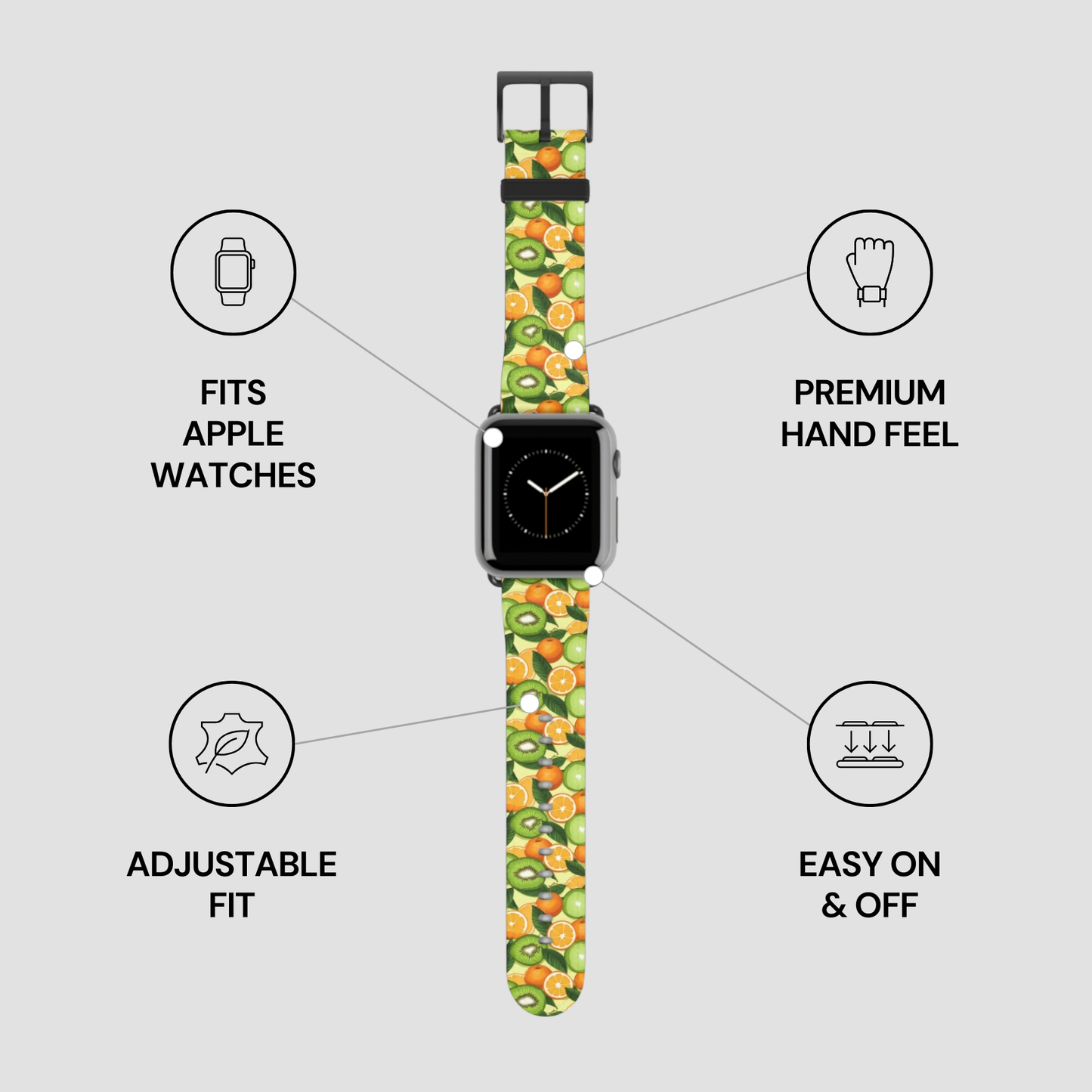 Watch band with fruit pattern on a gray background with feature icons.