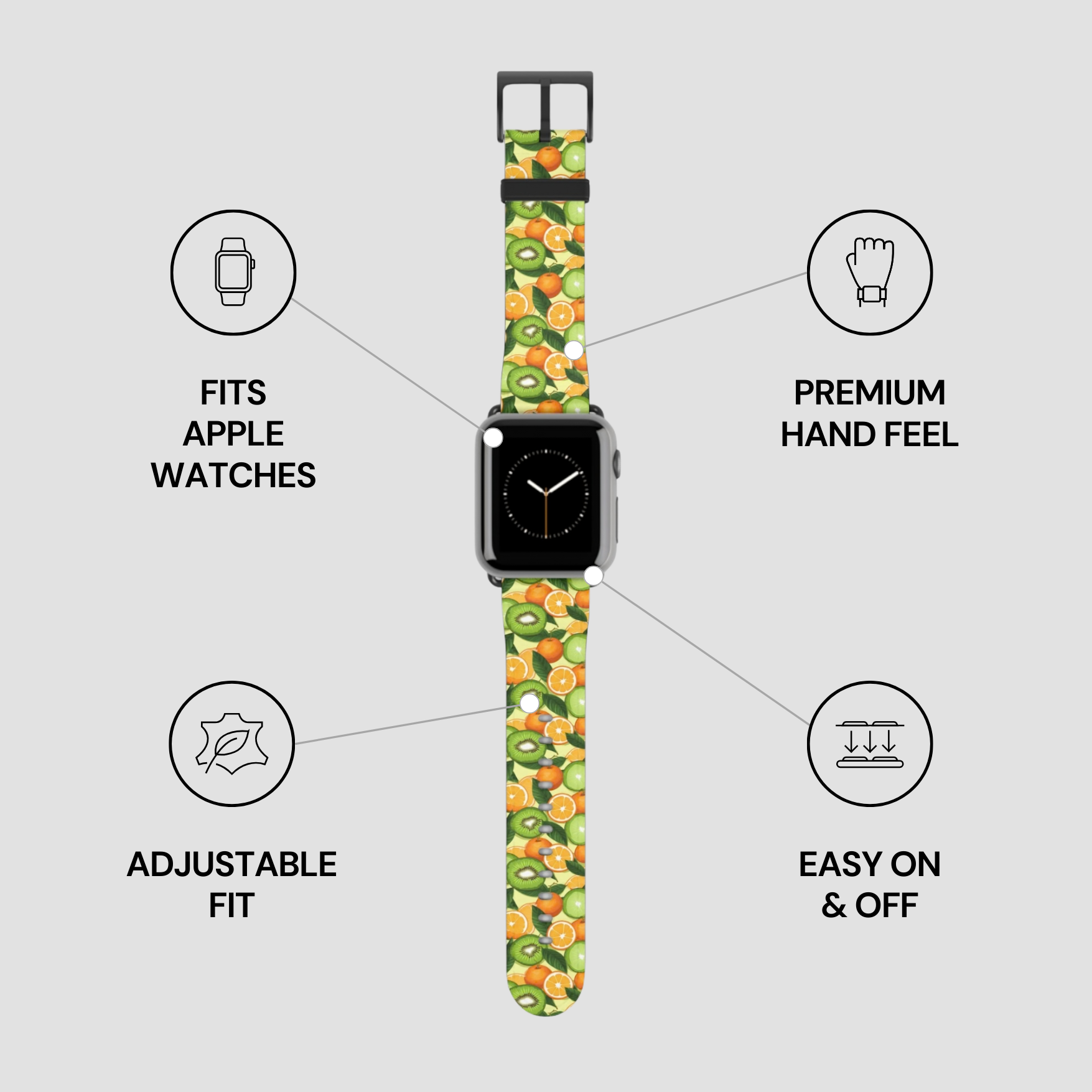 Watch band with fruit pattern on a gray background with feature icons.