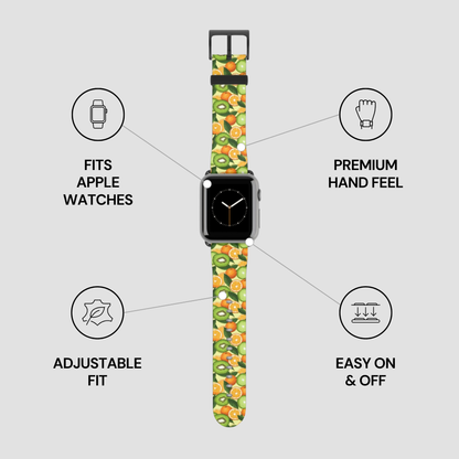 Watch band with fruit pattern on a gray background with feature icons.