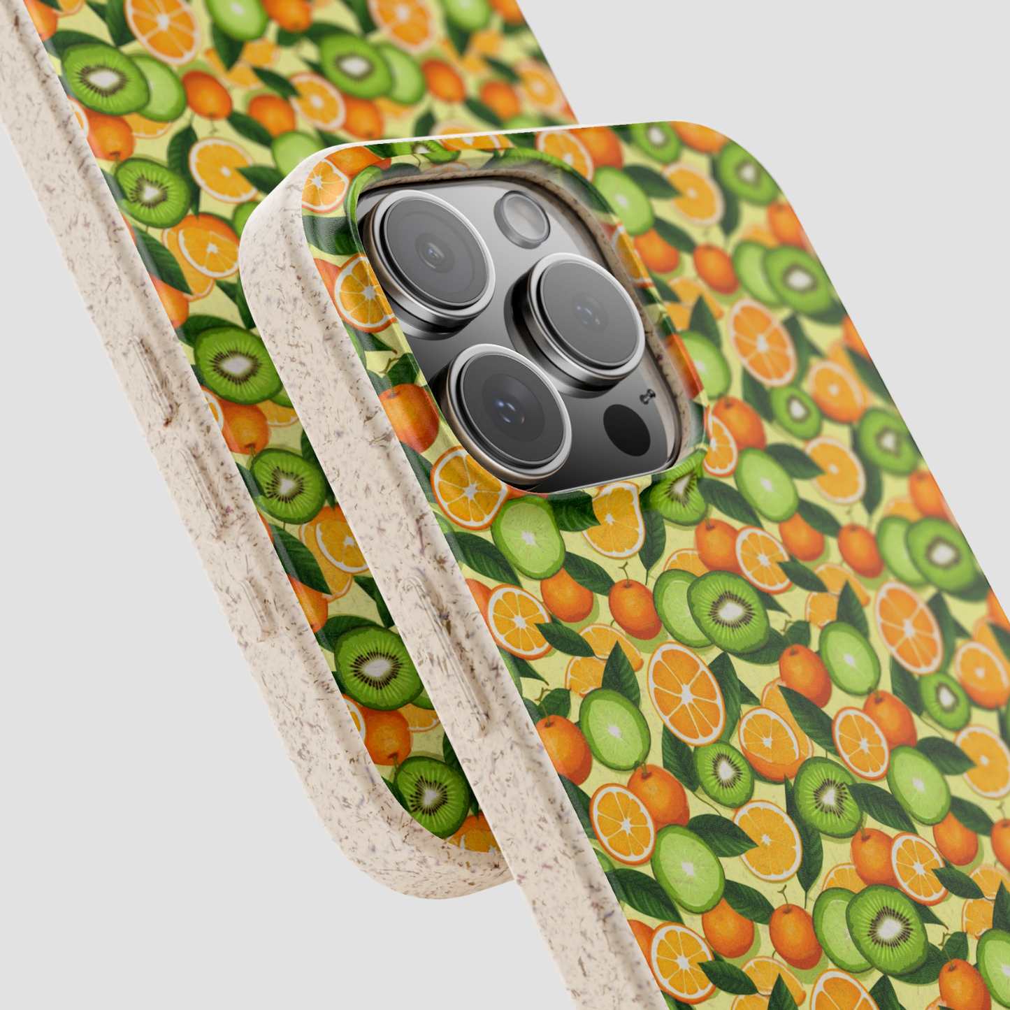Phone case with a colorful fruit pattern on a white background
