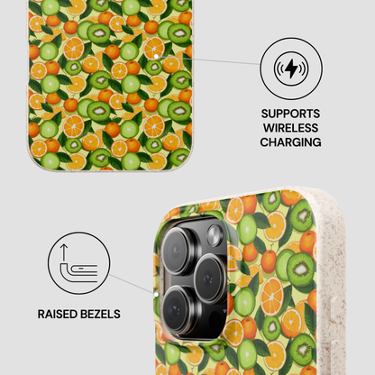 Phone case with fruit pattern and wireless charging and raised bezels features on a light gray background