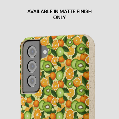 Phone case with fruit pattern on a light gray background