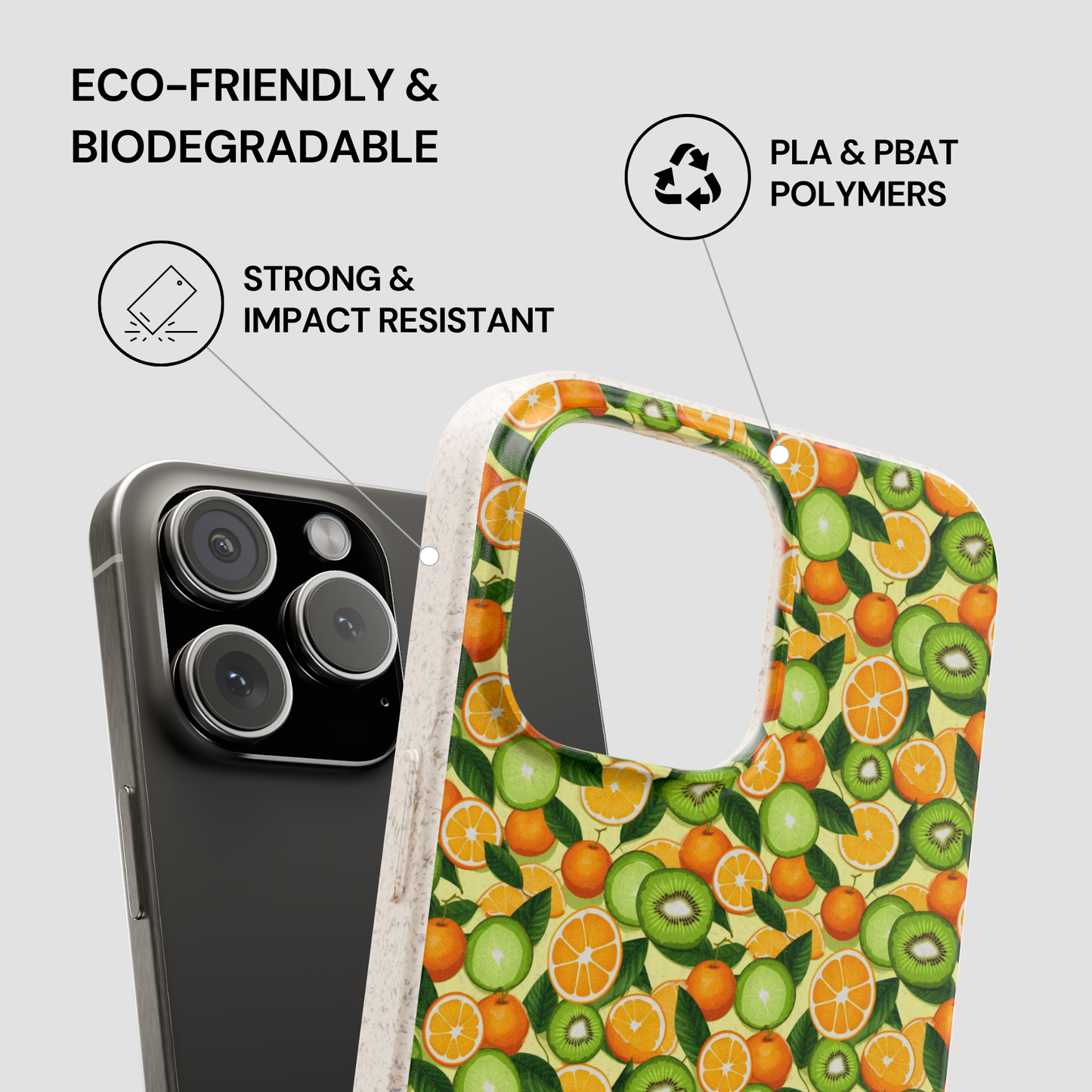 Phone case with fruit pattern and eco-friendly features on a gray background