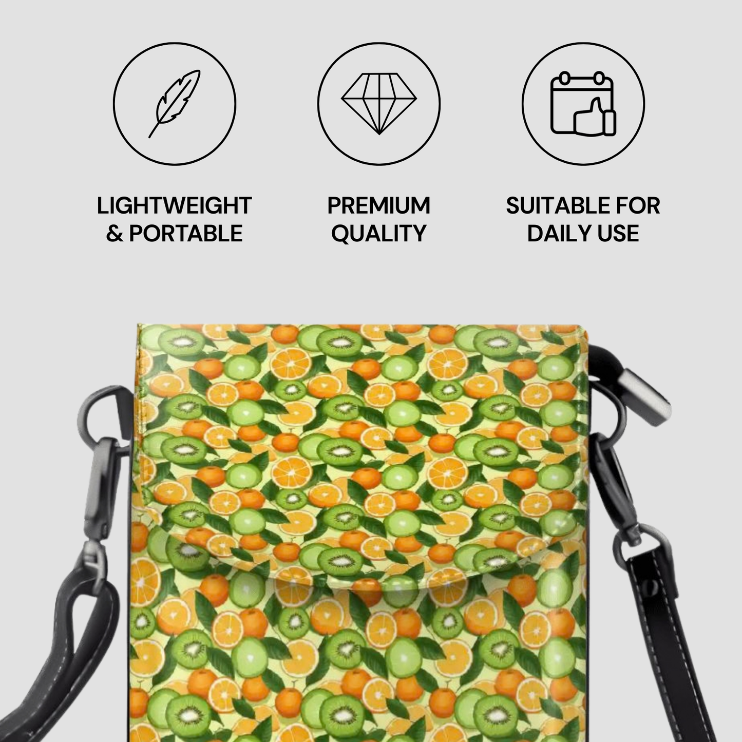 Handbag with fruit pattern and features listed on a light gray background