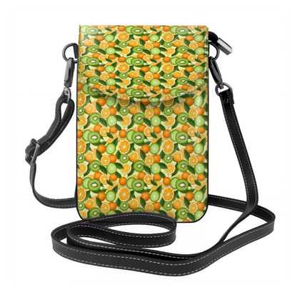 Crossbody bag with a colorful fruit pattern on a white background