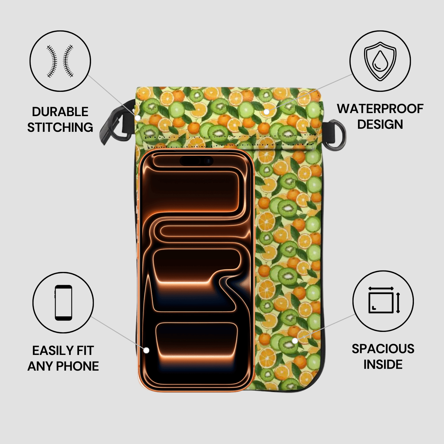 Multifunctional bag with fruit pattern and features highlighted on a gray background