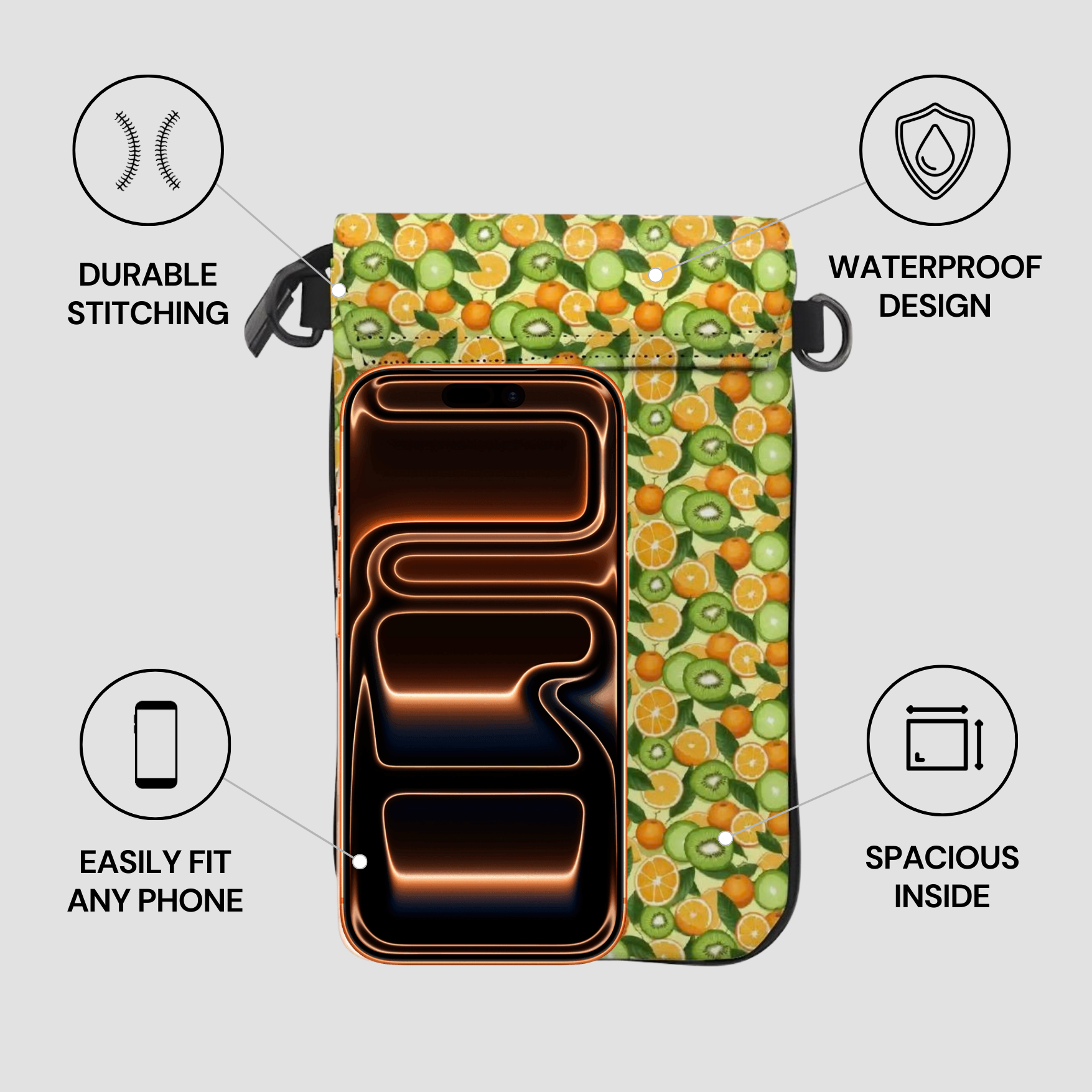 Multifunctional bag with fruit pattern and features highlighted on a gray background