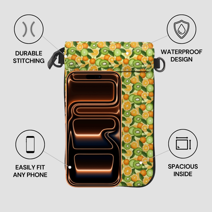 Multifunctional bag with fruit pattern and features highlighted on a gray background