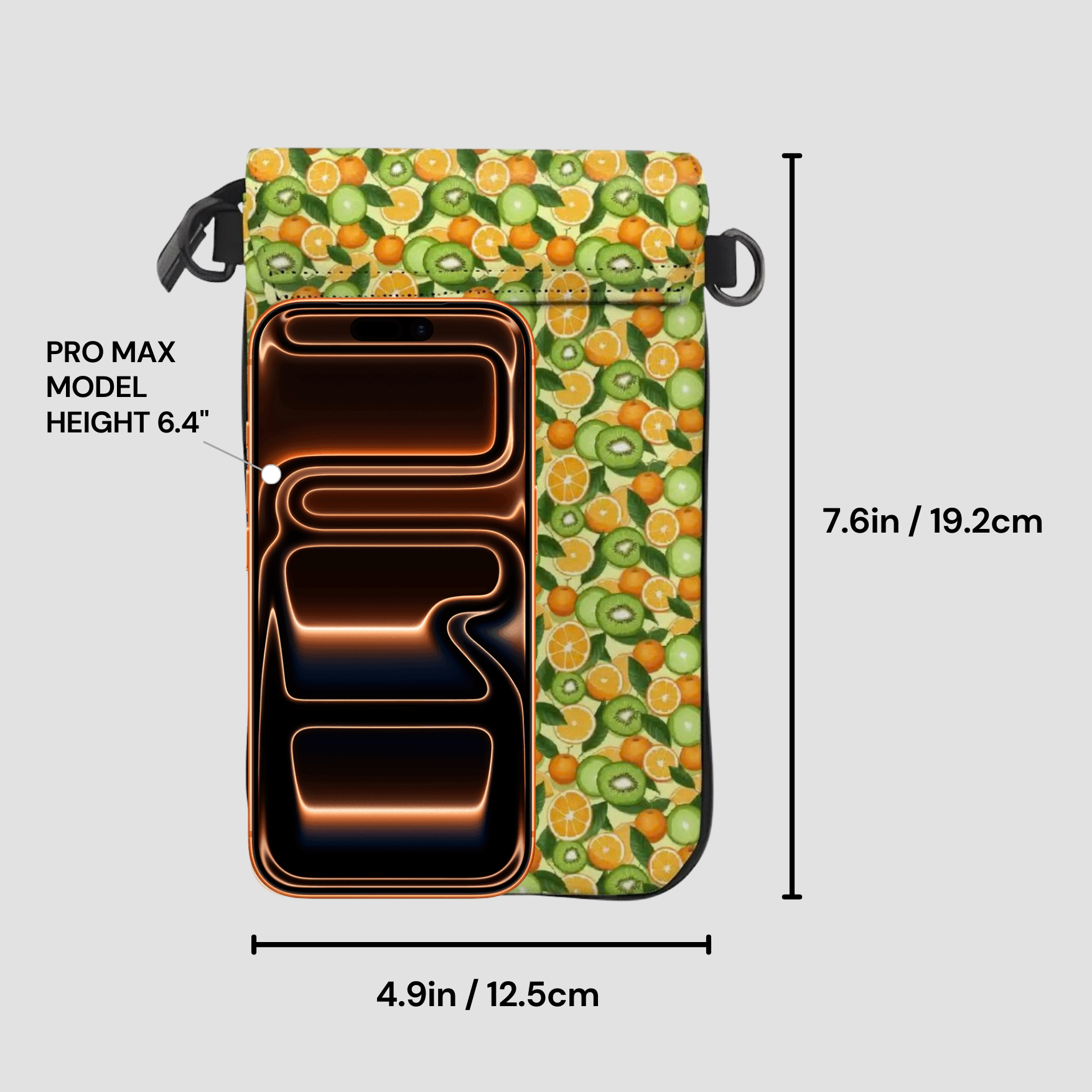 Phone case with fruit pattern and measurements on a gray background