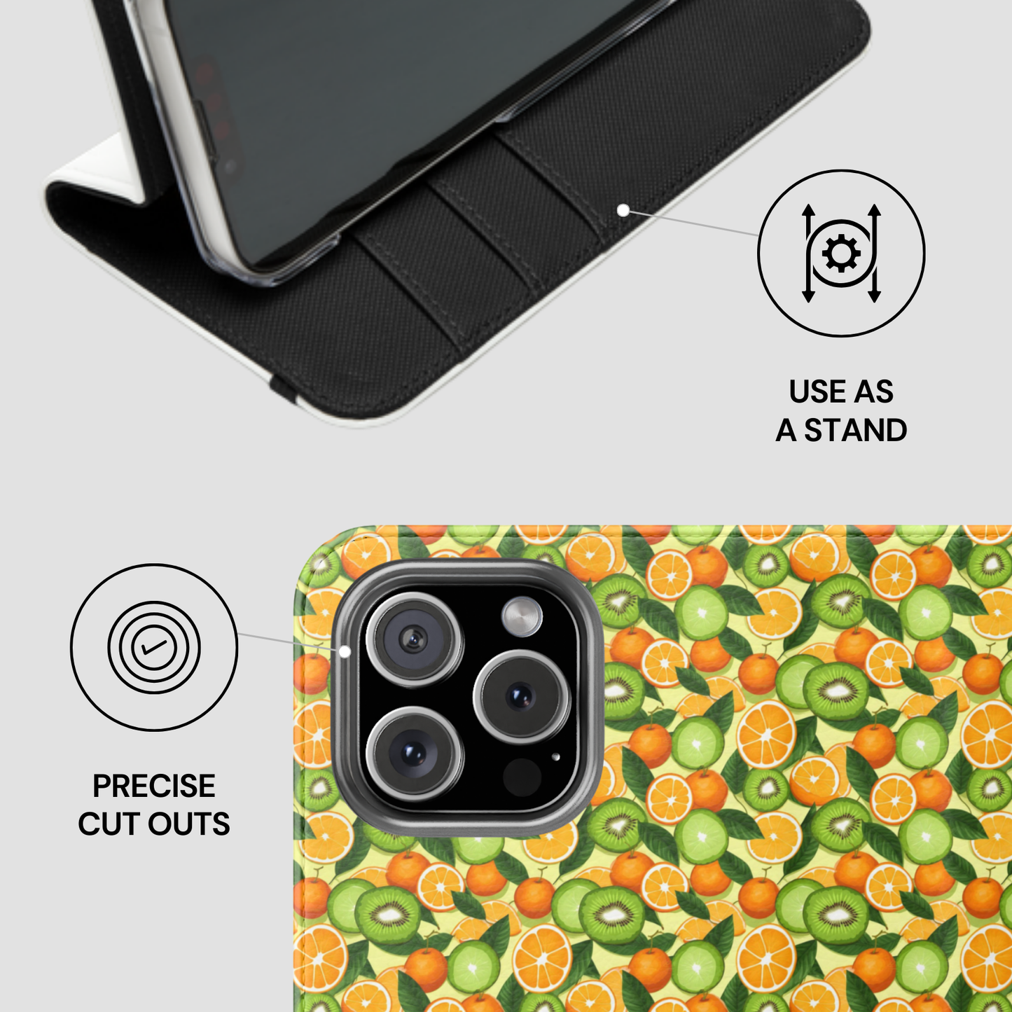 Phone case with fruit pattern and features highlighted on a light gray background