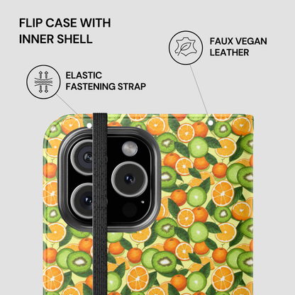 Phone case with fruit pattern and features listed on a white background