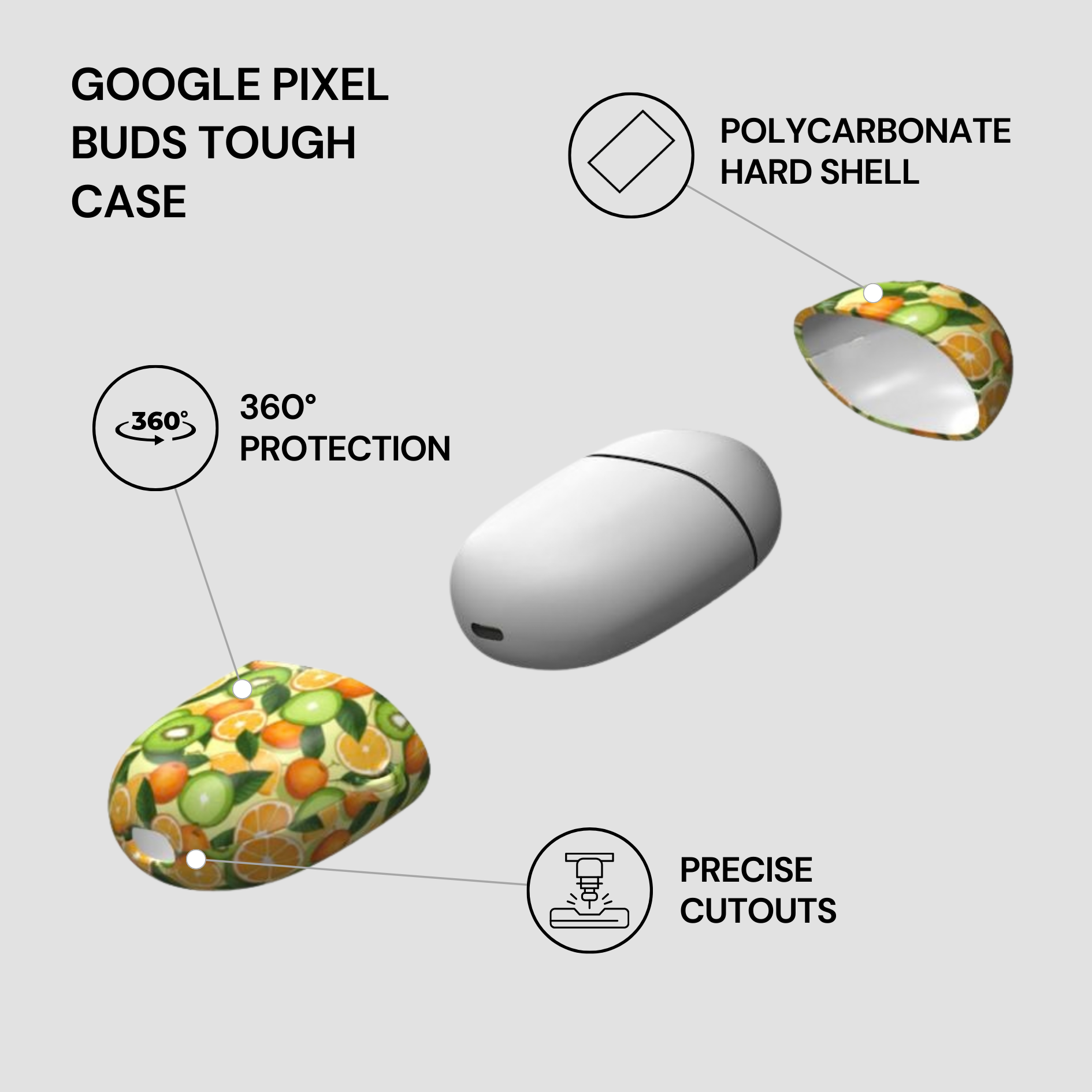 Google Pixel Buds Tough Case with features highlighted on a white background