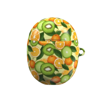 Round container with a fruit pattern on a white background