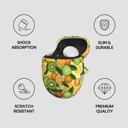 Product case with fruit pattern on a gray background with feature icons.