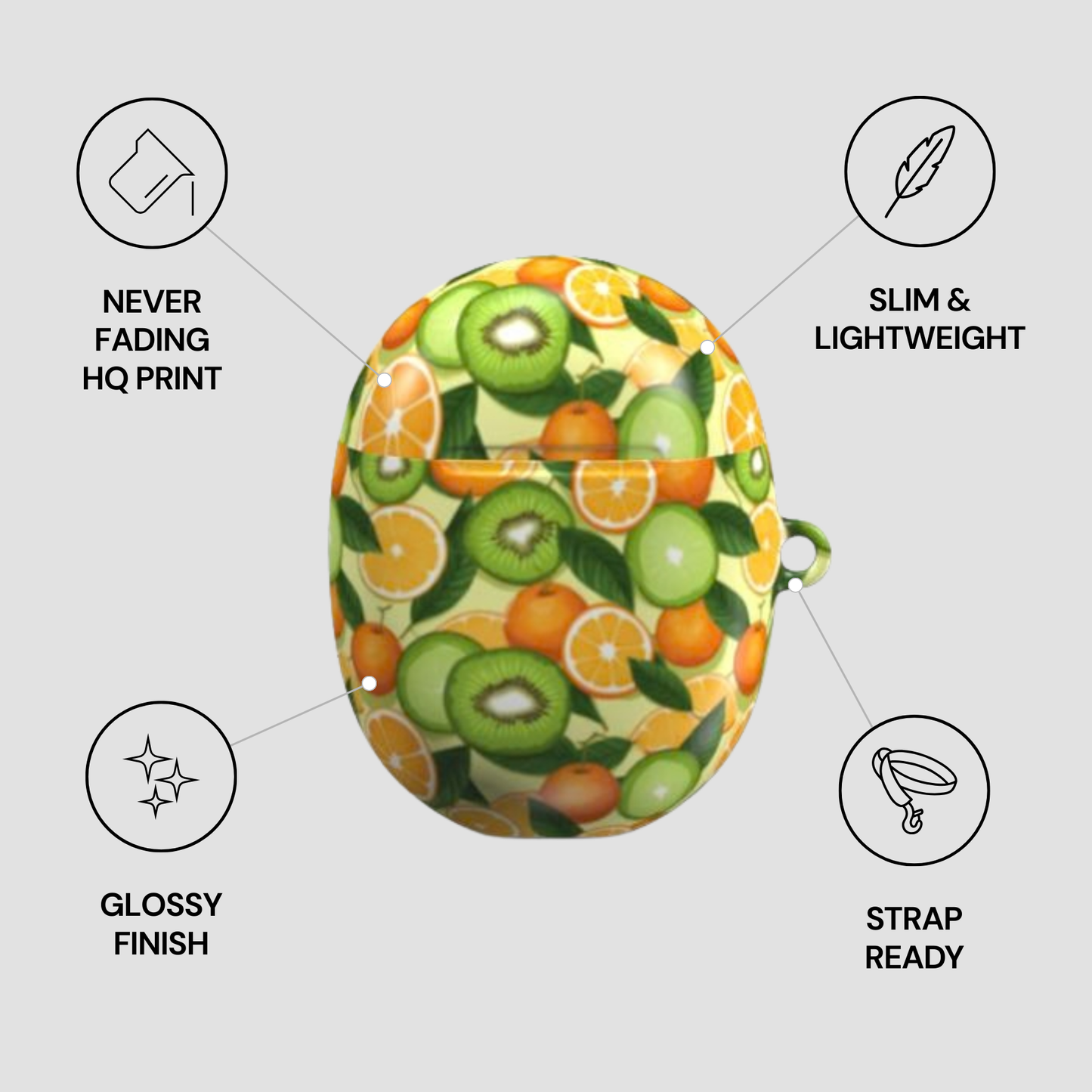 Product with fruit pattern and features listed on a light gray background