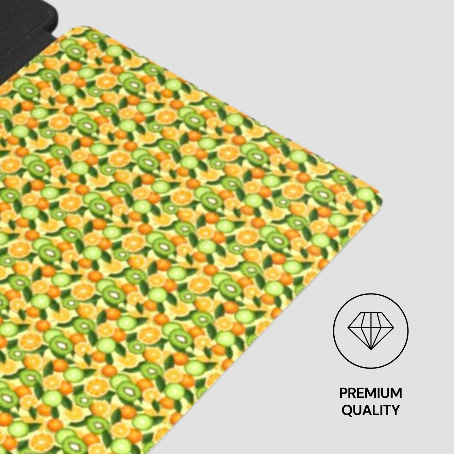 Fruit patterned mat with premium quality label on a gray background