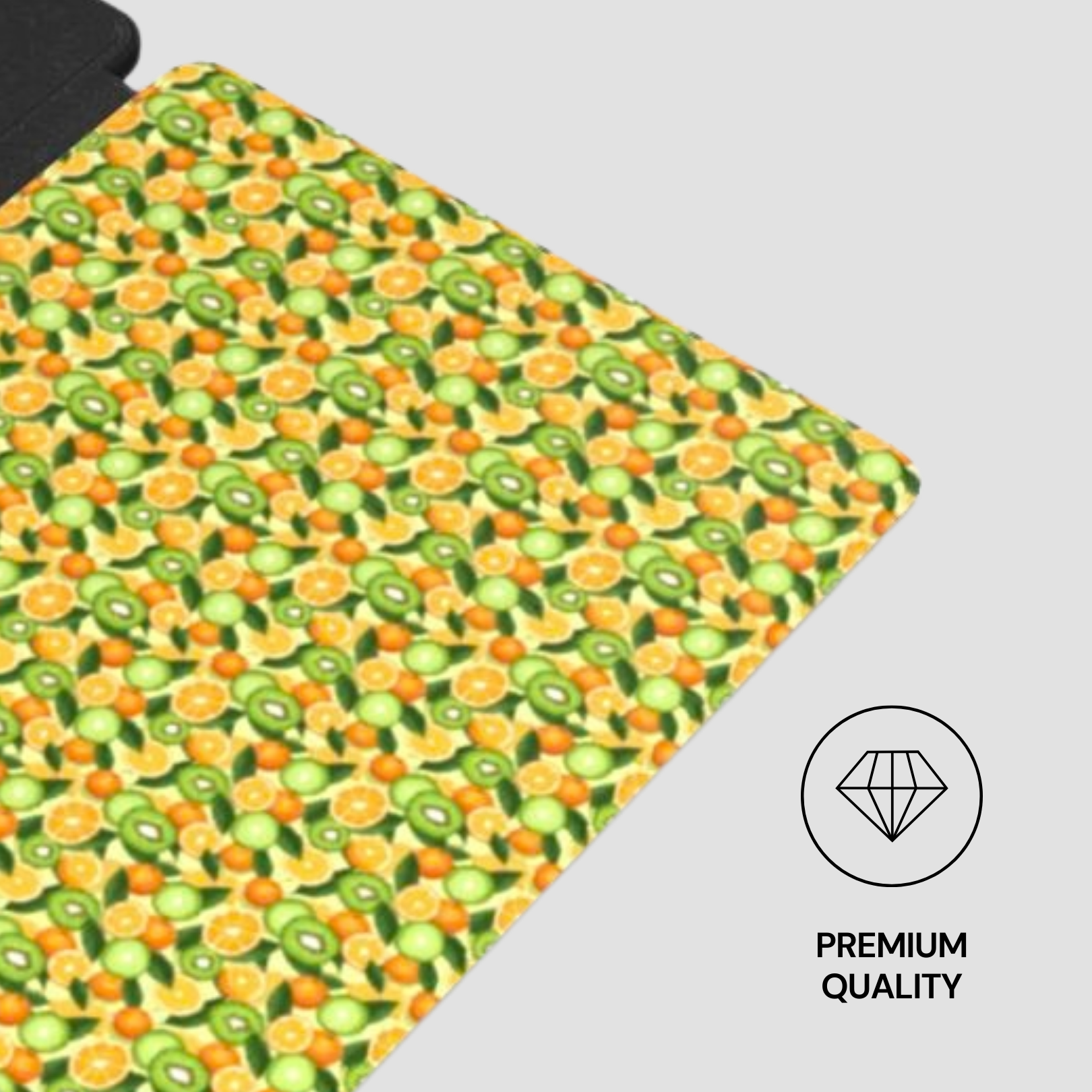 Fruit patterned mat with premium quality label on a gray background