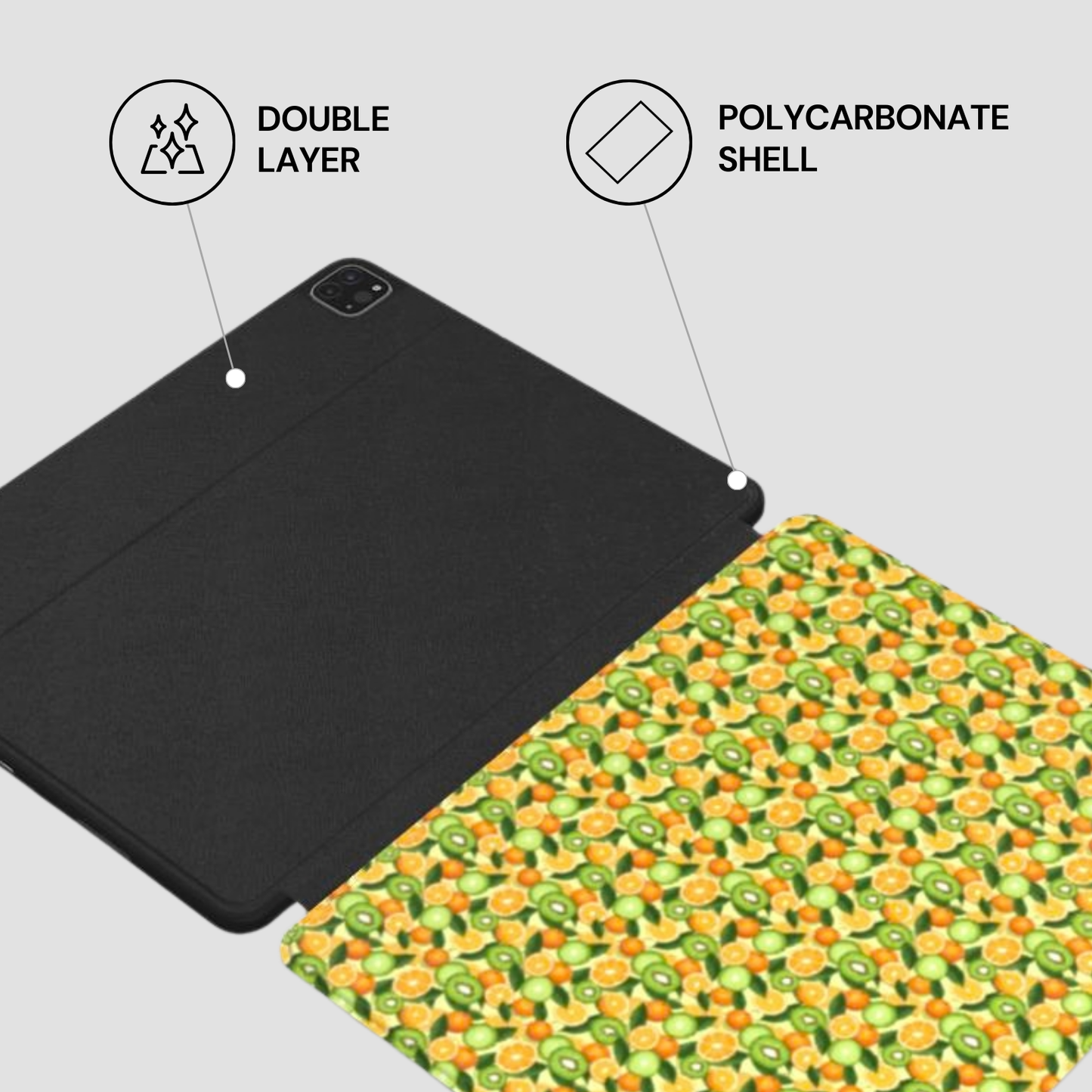 Tablet case with double layer and polycarbonate shell features on a gray background