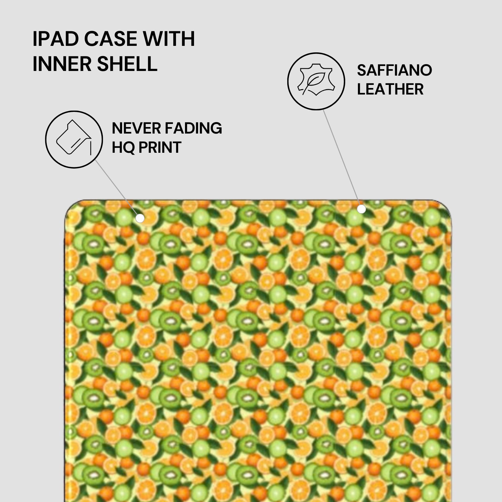 IPAD CASE WITH INNER SHELL featuring saffiano leather, never fading HQ print on a gray background.