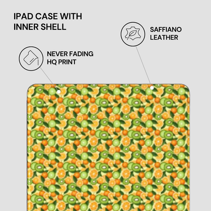 IPAD CASE WITH INNER SHELL featuring saffiano leather, never fading HQ print on a gray background.