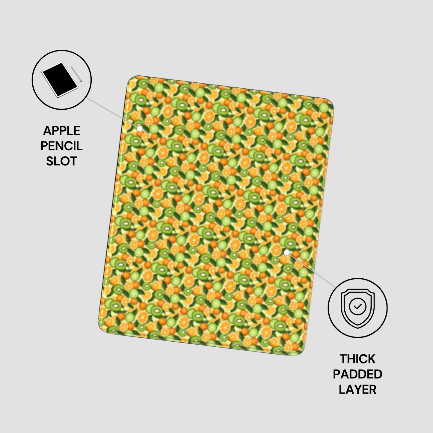 Patterned mouse pad with apple pencil slot and thick padded layer on a gray background