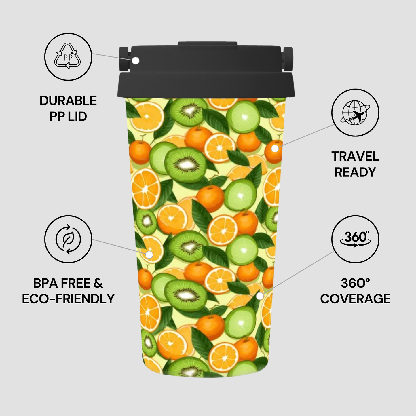 Tumbler with fruit pattern and feature icons on a gray background