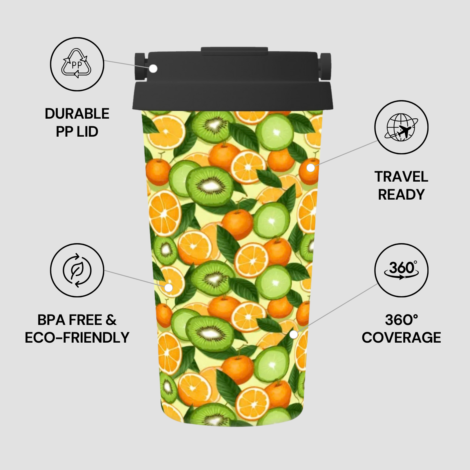 Tumbler with fruit pattern and feature icons on a gray background